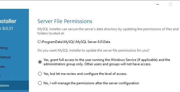 server file permissions select defaults