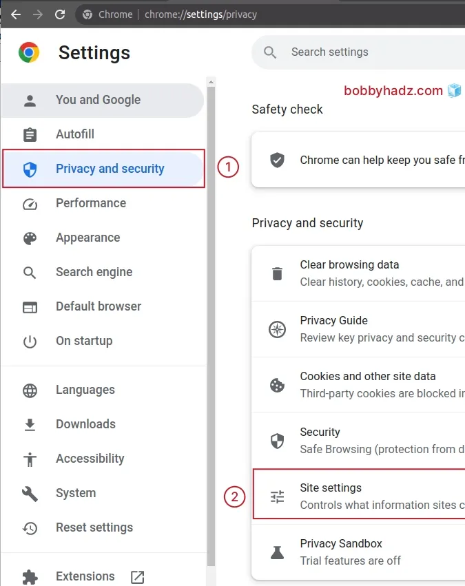 click privacy and security site settings