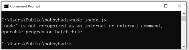 node is not recognized as internal or external command