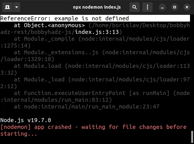 actual error above the nodemon error-message