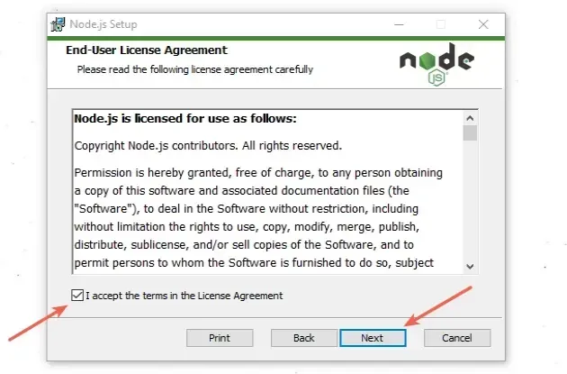 node accept end user agreement
