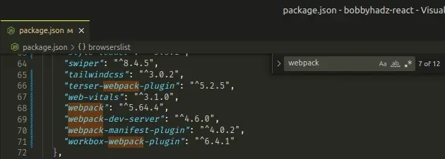 check webpack version in package json