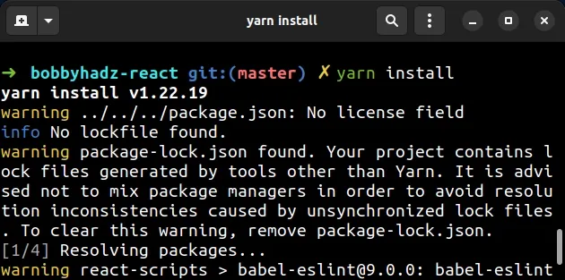 run yarn install command instead of npm install