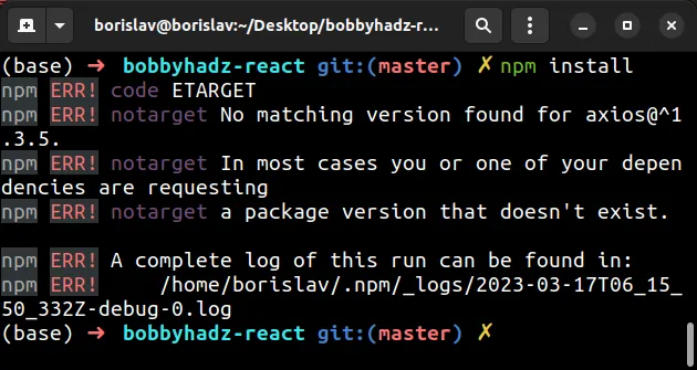 Npm Err! Code Etarget No Matching Version Found For [Fixed] | Bobbyhadz
