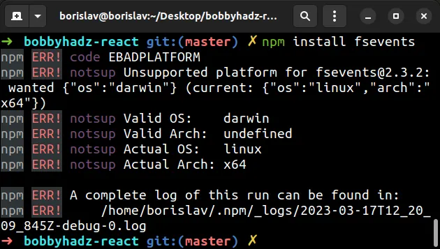 npm err ebadplatform unsupported platform for fsevents