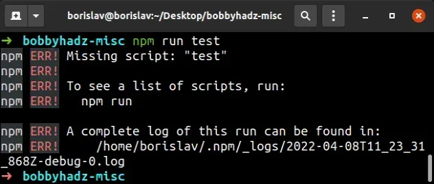 npm missing script test