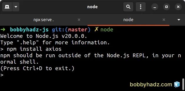 npm should be run outside of the node repl