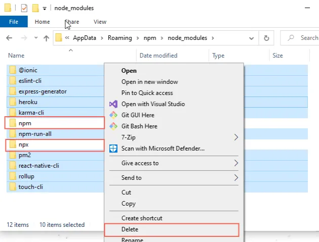 delete from node modules folder