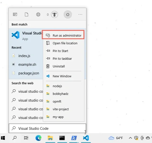 run vscode as administrator