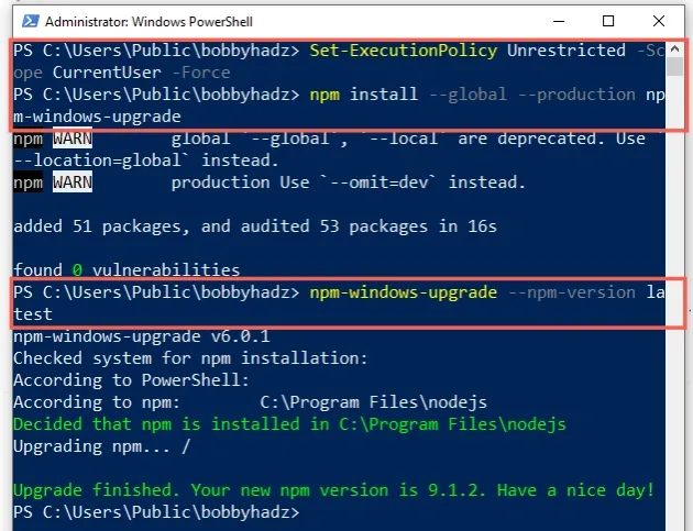 upgrade npm in powershell