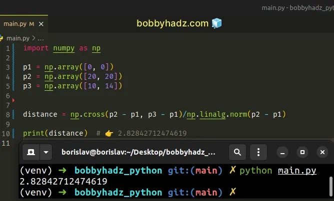 numpy calculate distance between point and line