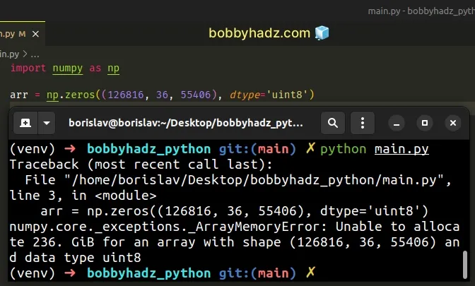 unable to allocate for array with shape and data type uint8