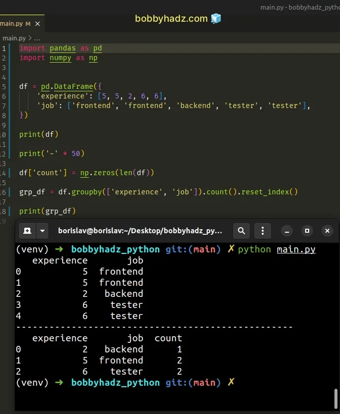 add count column to pandas dataframe using np zeros