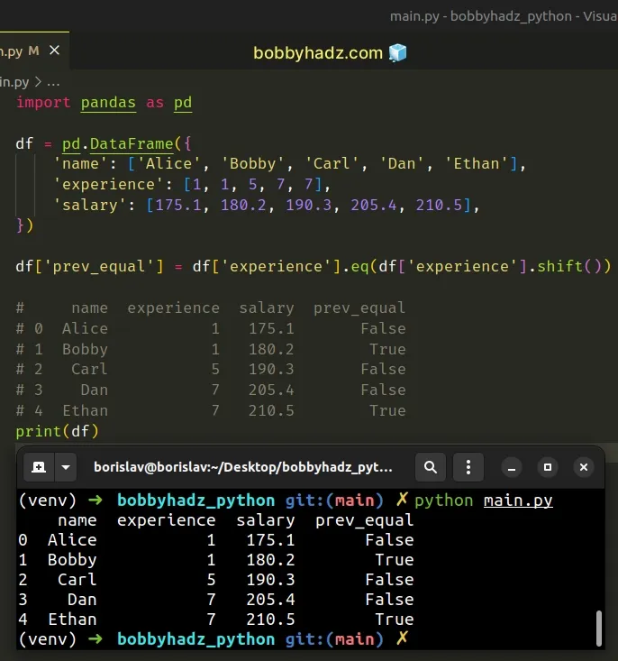 Comparing Previous Next row values in a Pandas DataFrame bobbyhadz