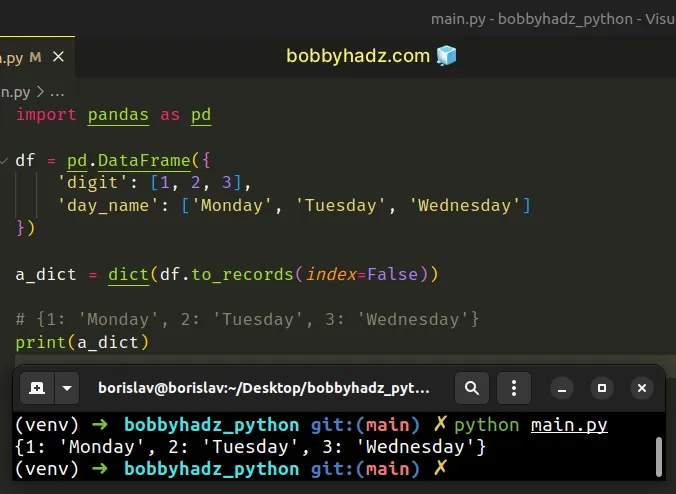 create dictionary from two dataframe columns using to records