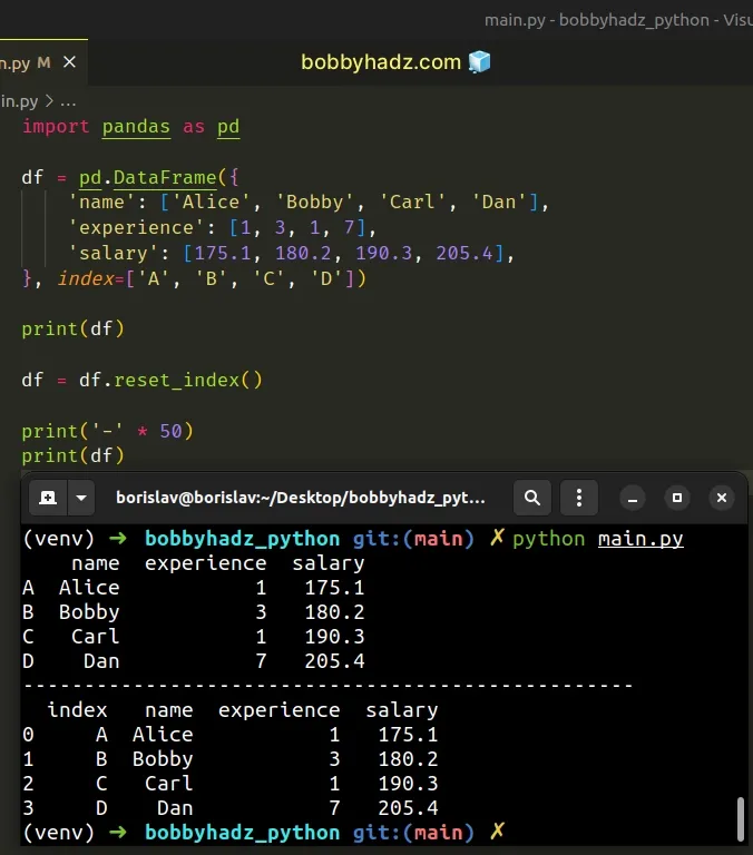 using dataframe reset index correctly