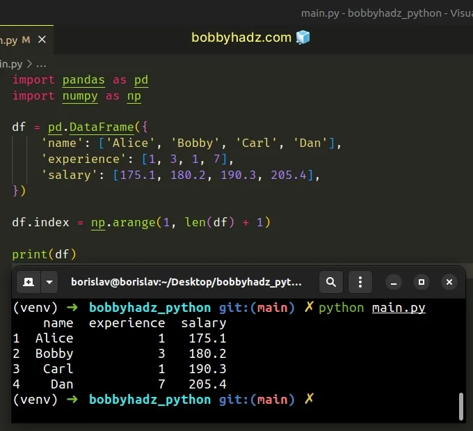 pandas dataframe start index at 1 using numpy arange