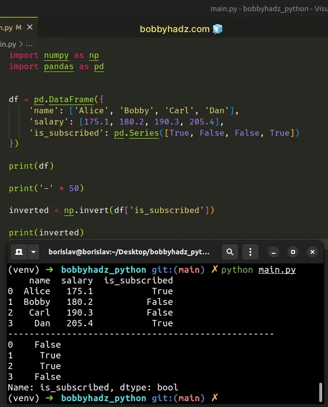 pandas element wise logical not using numpy invert