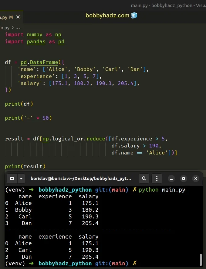 using numpy logical or reduce method in pandas