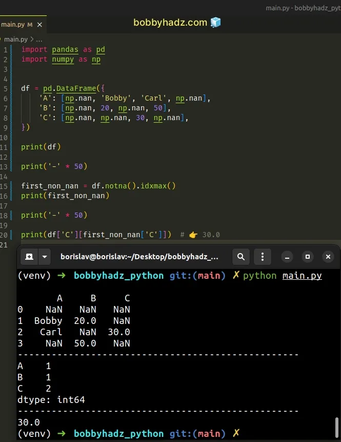 access first or last non nan value in dataframe by index