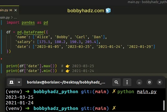 call max and min methods on date column