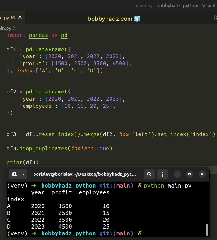 keep index when merging dataframes and remove duplicates