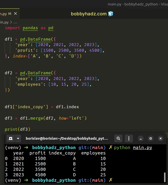 keep index when merging dataframes using index copy