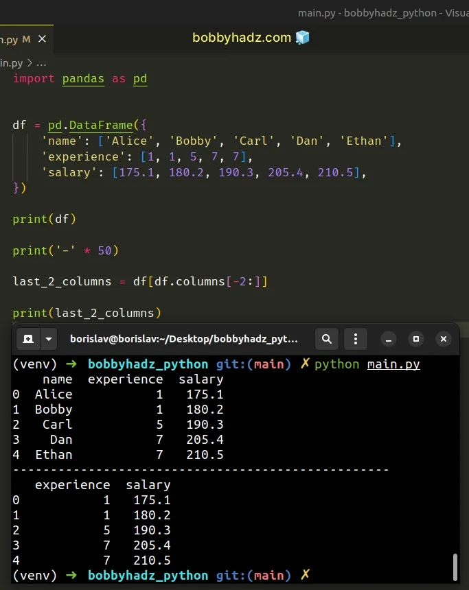 extract last n columns of dataframe using columns attribute