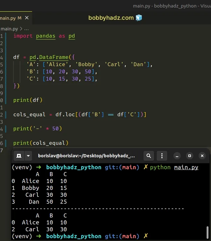 select rows where two columns are equal in pandas