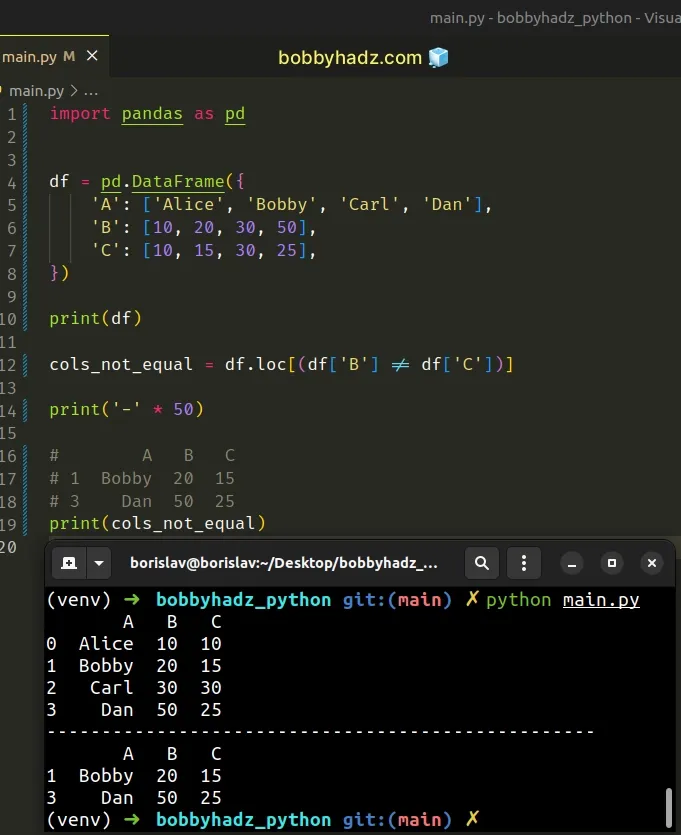 select rows where two columns are not equal in pandas dataframe