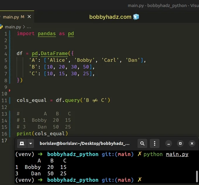 pandas-select-the-rows-where-two-columns-are-equal-bobbyhadz