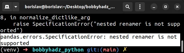 pandas specification error nested renamer is not supported