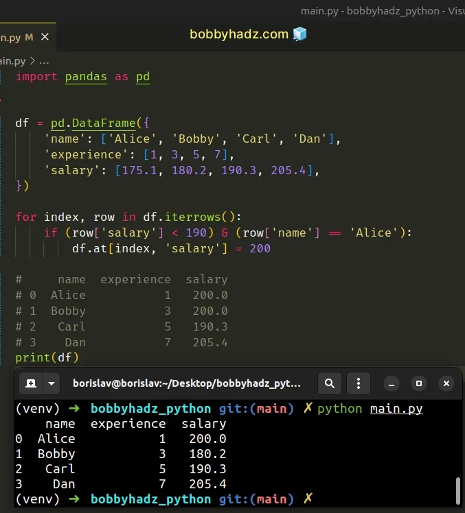 update pandas dataframe while iterating over it based on multiple and conditions