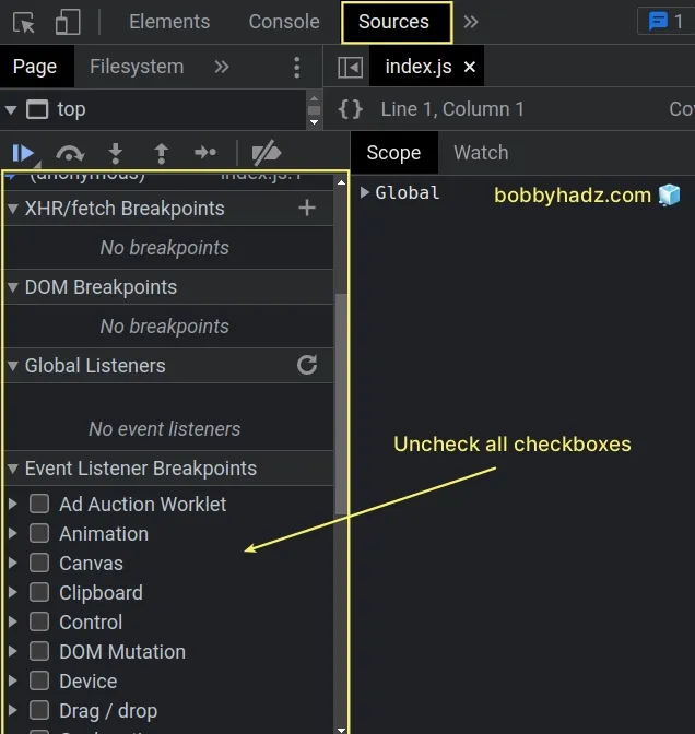 uncheck all checkboxes from left menu