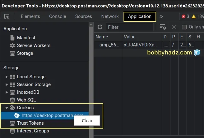 click application tab and clear cookies