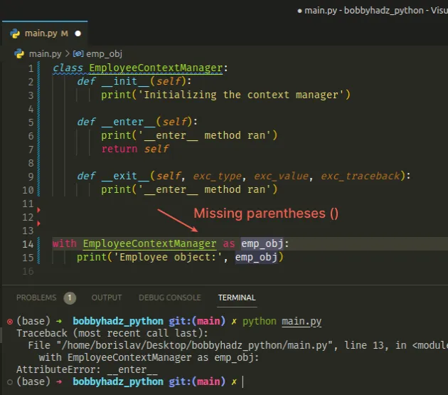 missing parentheses when calling context manager