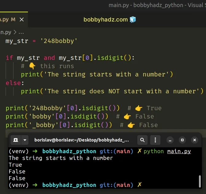Check if a String starts with a Number or Letter in Python | bobbyhadz