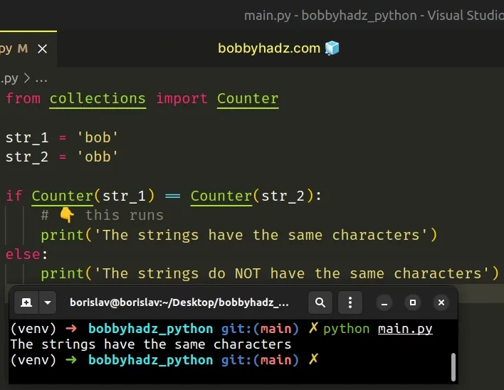 check if two strings have the same characters using counter