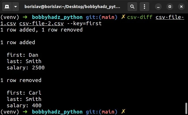 comapre two csv files using command line in python