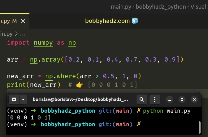 convert numpy array to 0 or 1 based on threshold