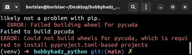 error could not build wheels for pycuda