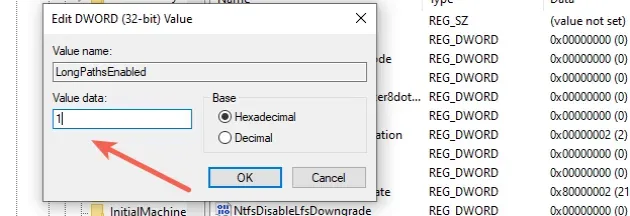 windows set long paths enabled to 1