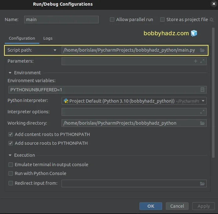 make sure script path is set correctly in pycharm