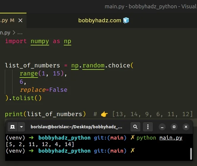 create list of random numbers without duplicates using numpy