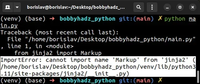 importerror cannot import name markup from jinja2