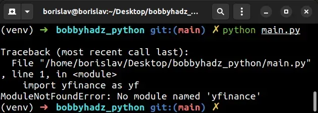 modulenotfounderror no module named yfinance