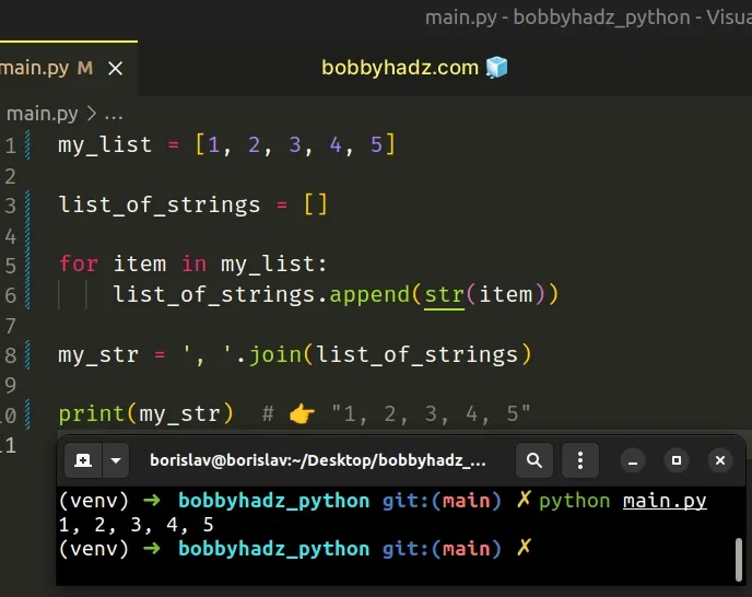 join list of integers into string using for loop
