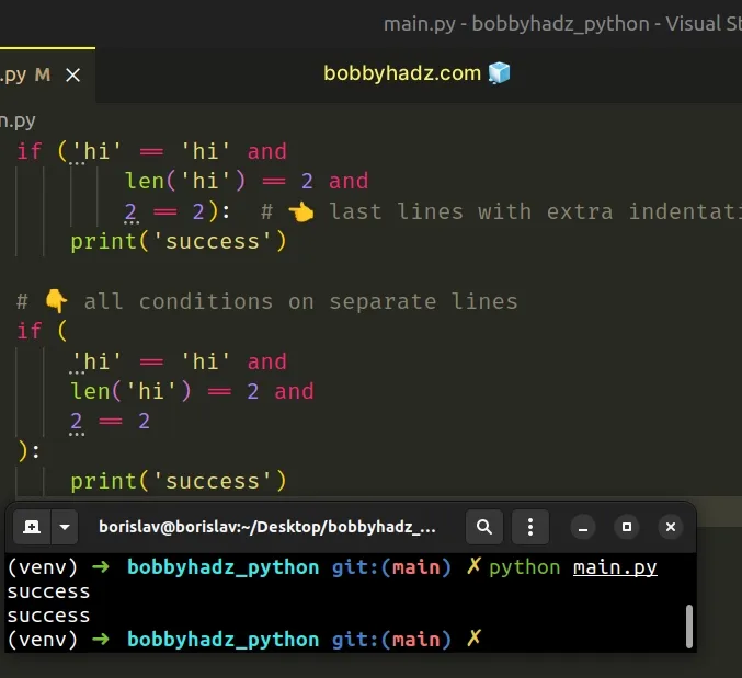 Styling multiline 'if' statements in Python | bobbyhadz