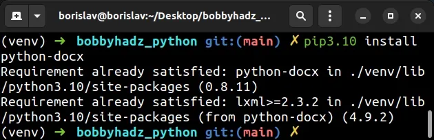 install python docx using specific pip version