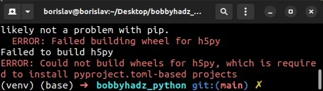error failed building wheel for h5py